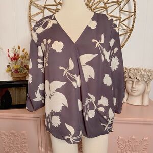 West Kei Plum Floral Wrap-Front Blouse with Cream Blooms
